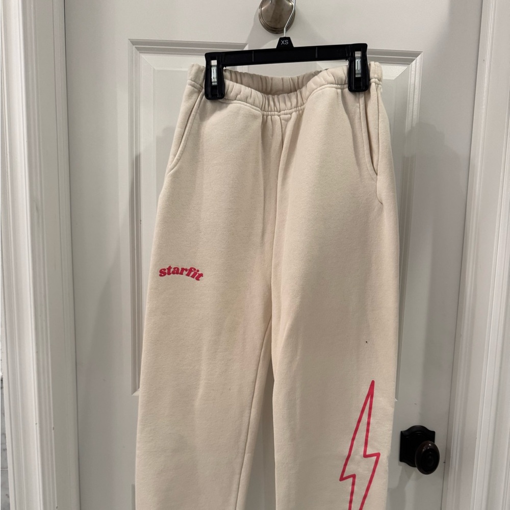 Kids Cream Joggers with Pink Lightning Bolt